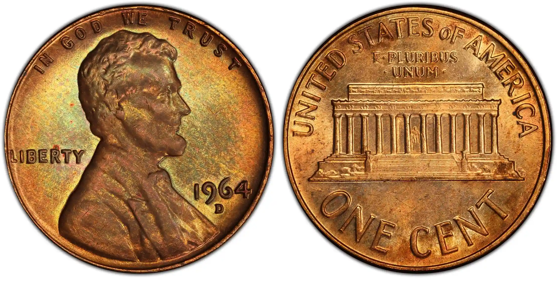 Regular strike 1964 penny with a D mint mark.